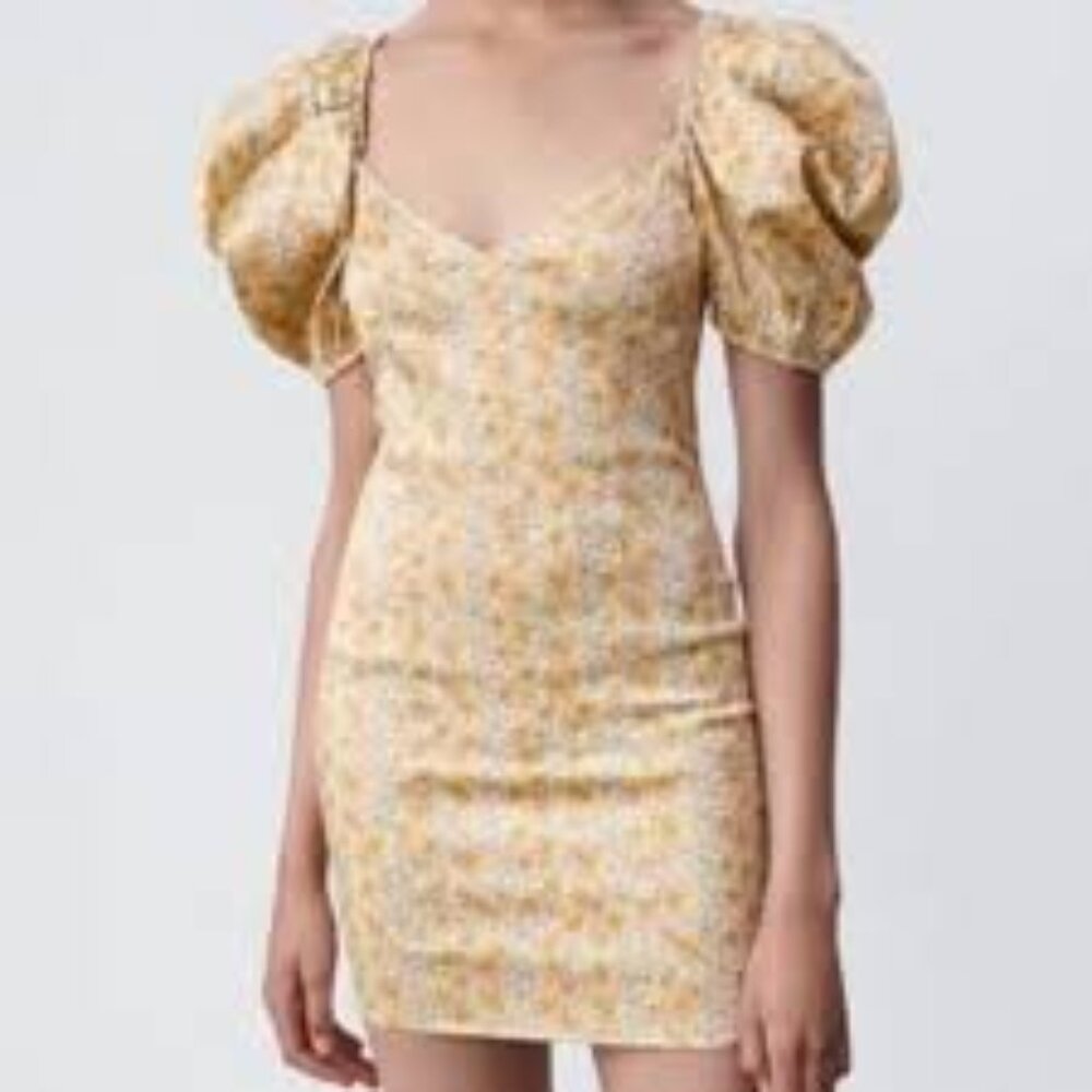 Zara Satin Effect Print Floral Puff Sleeve Mini Dress L
